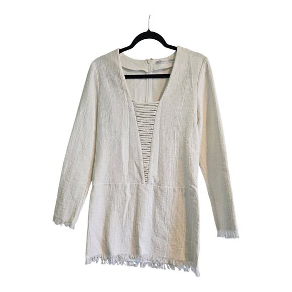 Ministry of Style White Linen Blend Dress SZ 4 Deep V-Neck Cord Detail Fray Hem - Picture 1 of 10